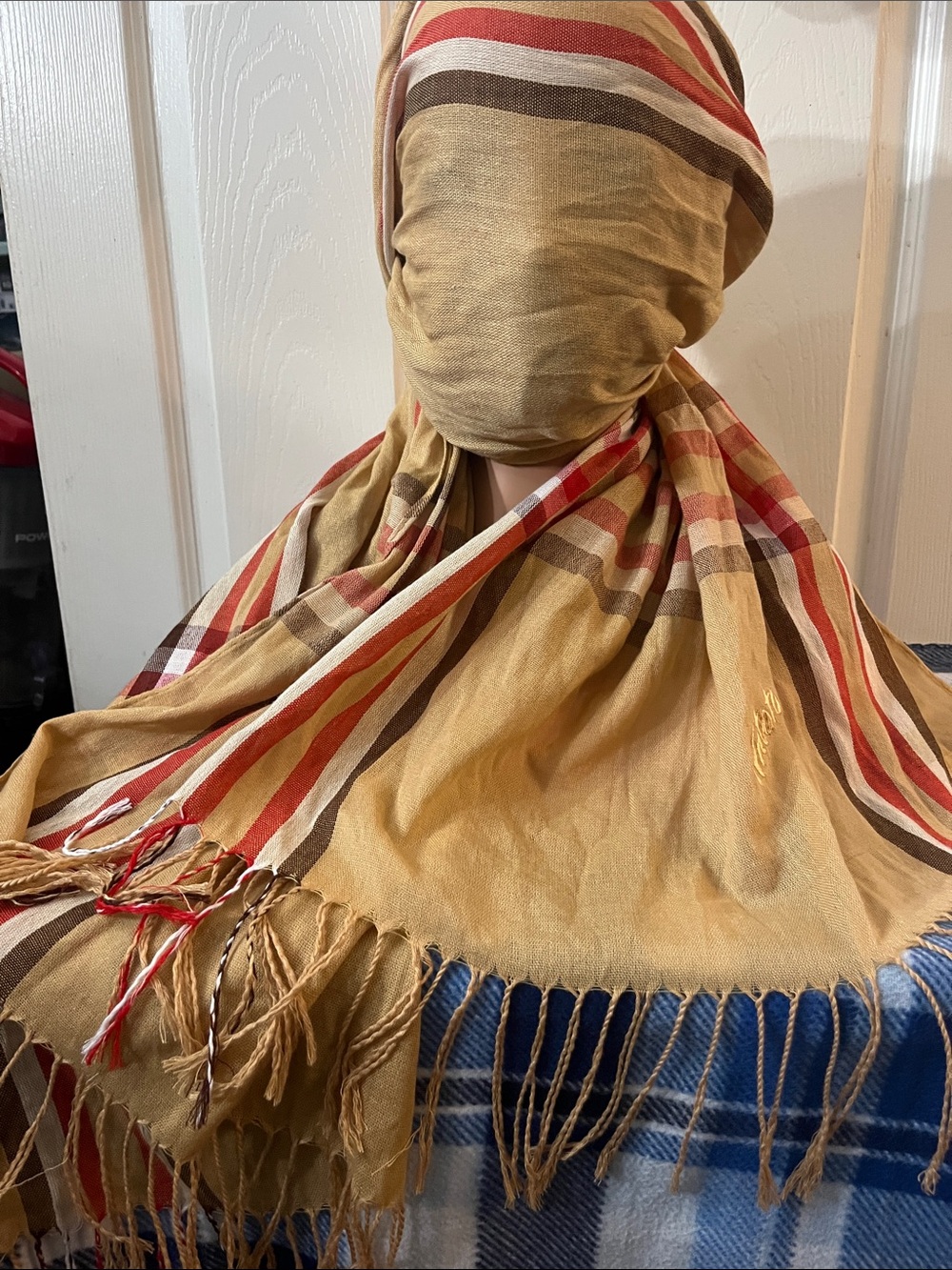 Burberry Tan, Black and Red Stripe Fringe Linen Blend Scarf